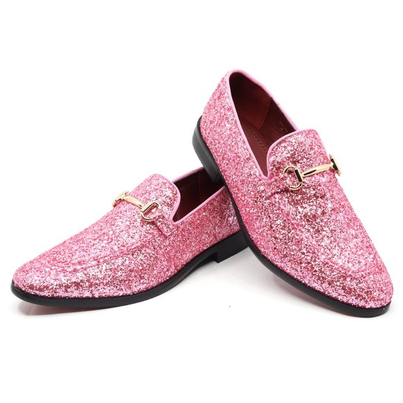 Pink Glitter Men's Vintage Designer Classic Smoking Dress Tuxedo Loafers Shoes - Picture 6 of 6